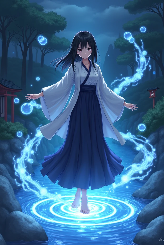 1girl, japanese clothes, straight black hair, chocolate brown eyes, magic circle, blue bubbles, blue water, wallpaper, shrine landscape, night, light particles, light rays, sidelighting, medium size, fate \(series\), genshin impact, ****, open jacket, long skirt