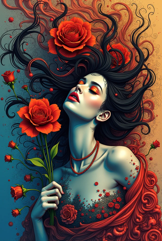 official art, unity 8k wallpaper, very detailed, beautiful and aesthetic, masterpiece, best quality, (zentangle, mandala, tangle, entangle), (fractal art:1.3) , 1 woman, Red flower, very detailed, dynamic angle, cowboy shot, The most beautiful form of chaos, elegant, brutal design, vivid colors, romanticism, james jean, Antono du Robbie, ros tran, Francis Bacon, It was really cold, Adrian Genius, Petra Courtwright, Gerhard Richter, takato yamamoto, ashley wood, atmosphere