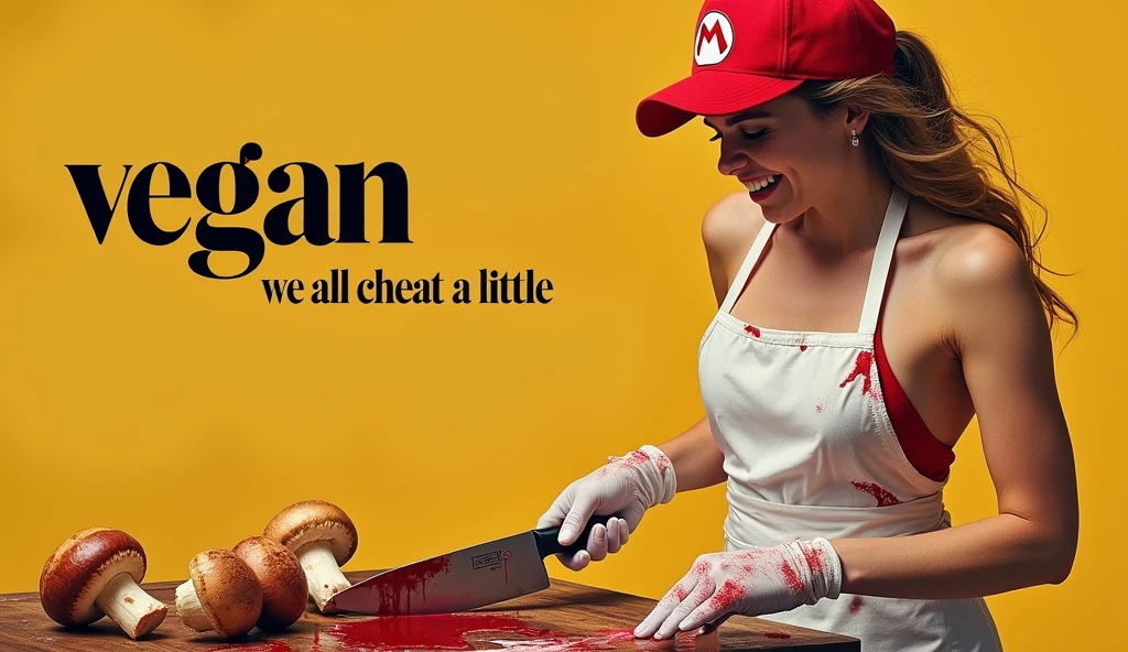 a poster for a movie. "vegan" is displayed at the top of the poster in a whimsical font  the tagline  "we all cheat a little" . Emma Watson is Princess peach,nude , wearing a Mario cap and blood splattered  white butchers apron. she is cutting  Mario mushrooms  with a cleaver, manic grin. 