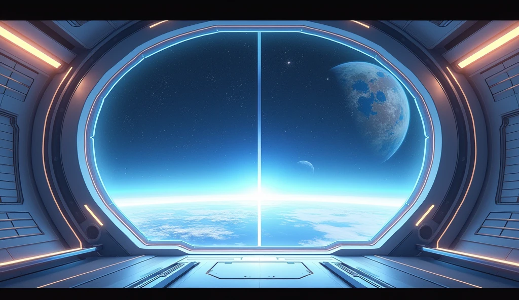 create an inner of a spaceship; there is a large window that you can see the space outside; anime art