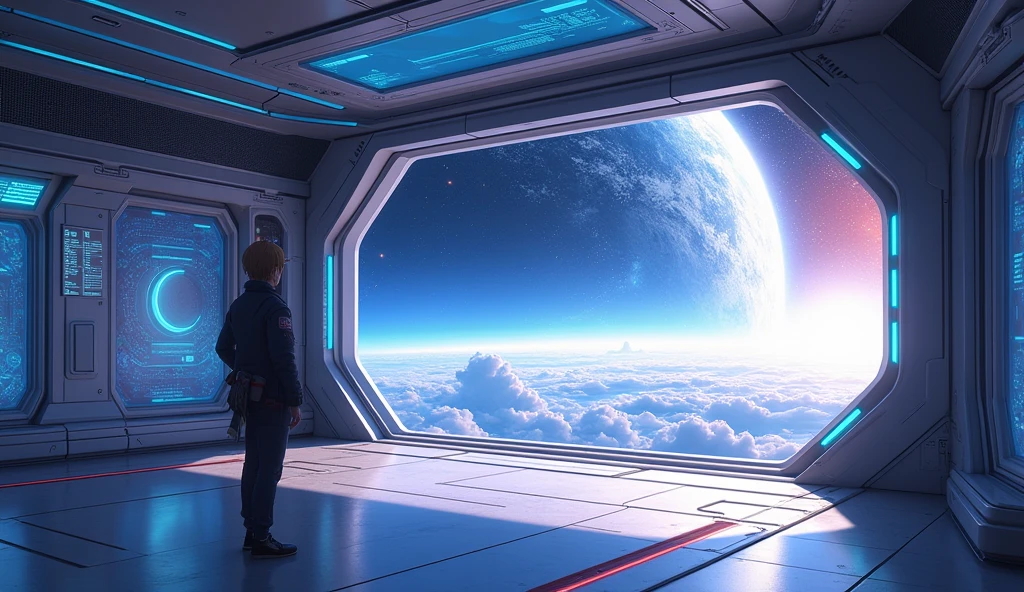 create an inner of a spaceship; there is a large window that you can see the space outside; anime art