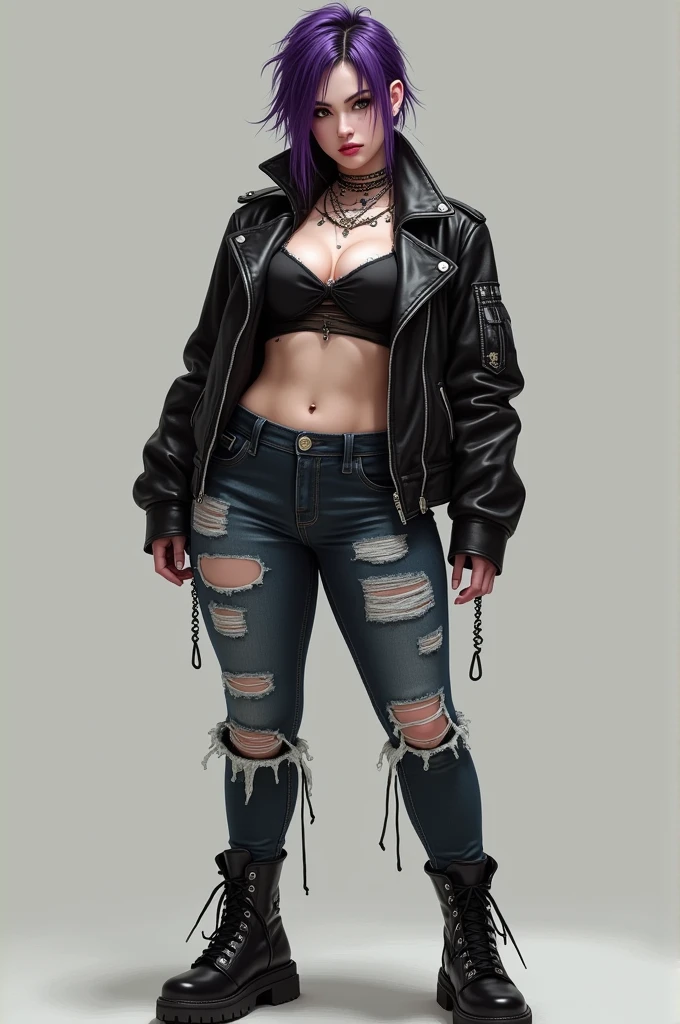 Girl,high,white,bully,carpet,punk,muscular,curvy figure,voluptuous,19 years,japanese,round and firm ass,face  made up with dark colors,stern expression,hair is dyed purple and shaved on the sides,various piercings on the face and body.
outfit:punk and gothic clothing, leather jacket, military boots, ripped jeans, no bra, a wet transparent T-shirt that shows her breasts.