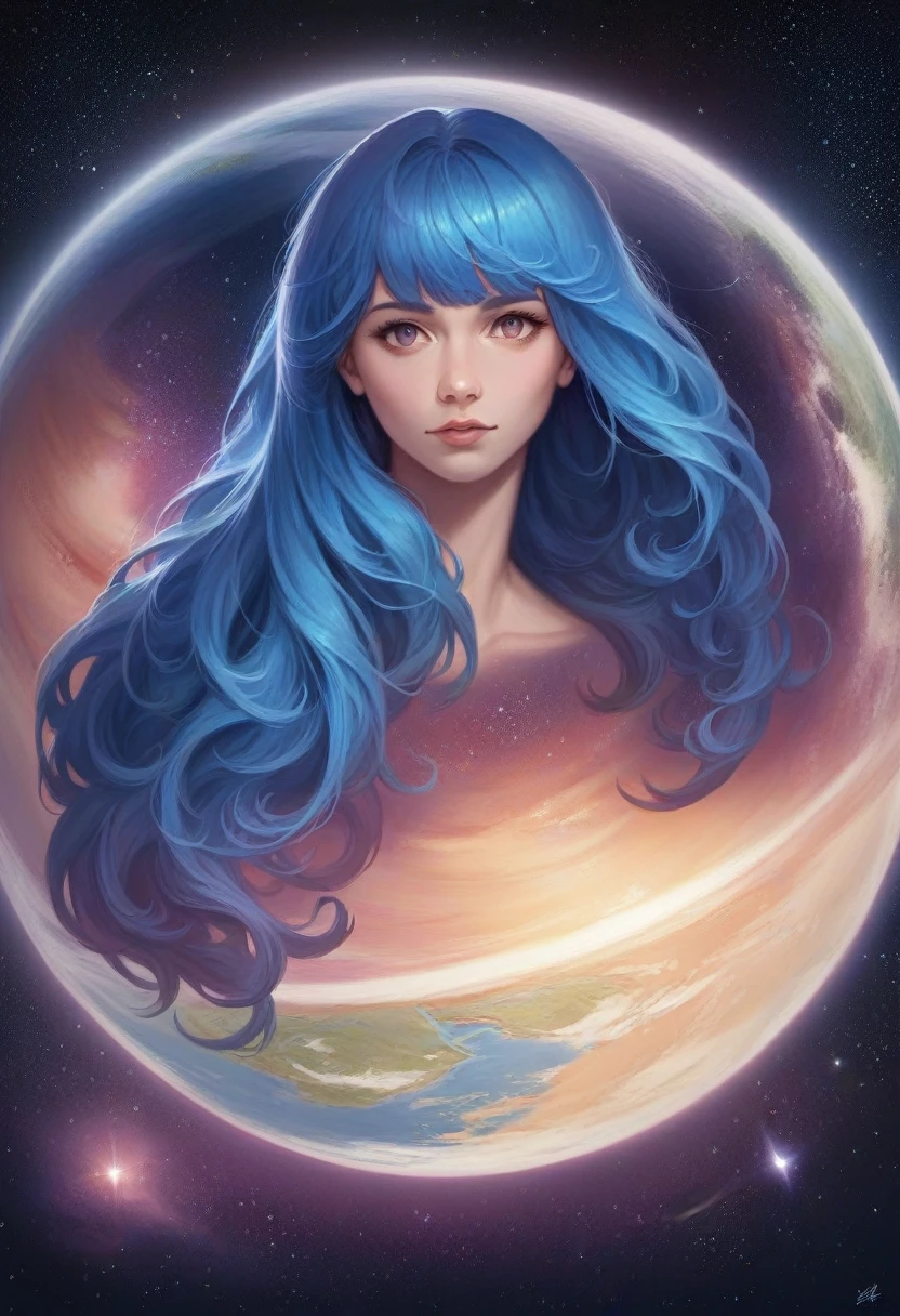 best quality, detailed, 4k, raw photo, masterpiece, detailed face,, stars, planets, galaxy, space,, a photo of anycemar flying in space, blue hair, bangs, long hair, looking at viewer,