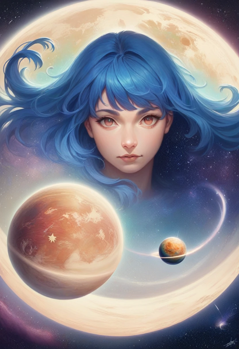 best quality, detailed, 4k, raw photo, masterpiece, detailed face,, stars, planets, galaxy, space,, a photo of anycemar flying in space, blue hair, bangs, long hair, looking at viewer,