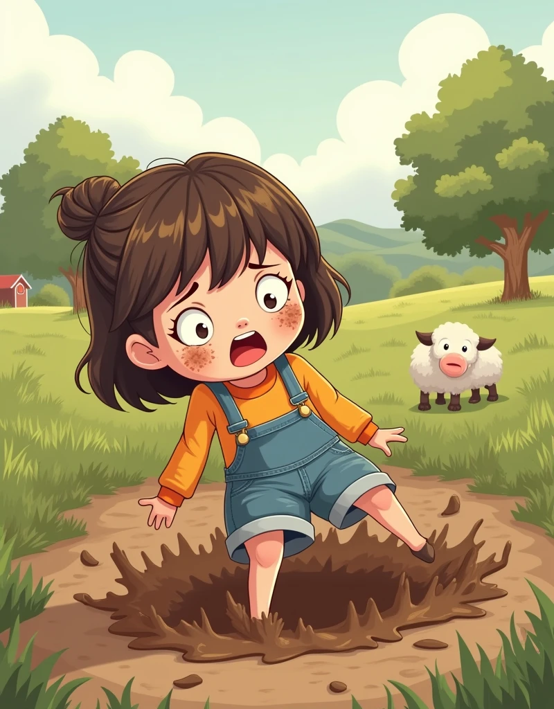 Vector illustration,flat design,Beautiful hand-drawn illustration,A girl experiences a clumsy moment in a farm setting. After a surprise trip and fall, she finds herself face-down in a muddy plot. Her face is smeared with earthy matter, and she looks shocked but unhurt. Please make this scene look as realistic as possible, capturing the everyday humor and small accidents that can occur in rural environments.