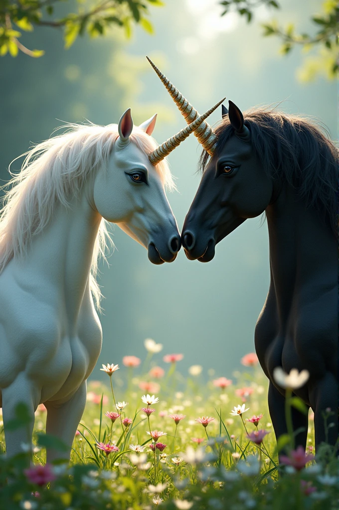 two unicorns, one white, one black, touching each other horns with their horn