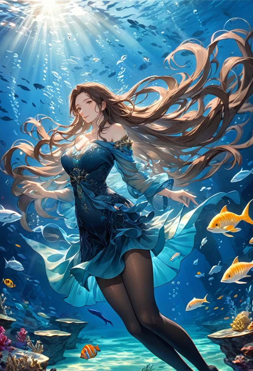 Underwater，A beautiful woman，Pure blue，Gradient，Sunlight shining into water，HDR，beauty,Fine skin texture、beauty的蓝色大海、Flowing long hair、Great atmosphere、A vibrant underwater world，（highest quality，masterpiece，mature woman，brown hair：1.4），Black stockings