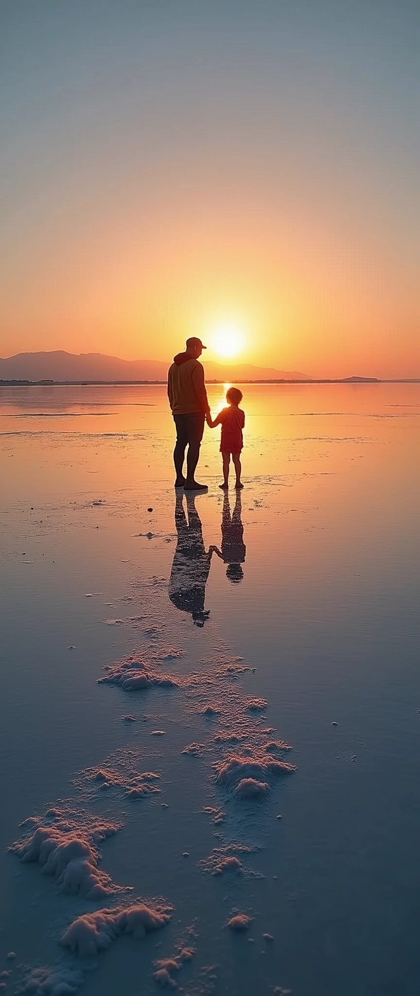 (masterpiece:1.2,Highest quality,Ultra-high resolution,Very detailed,Realistic,RAW Photos:1.2,Elaborate photos),8k,wallpaper,(Ray Tracing),Bolivia,Uyuni salt lake,Family standing,The flattest place in the world,(A majestic salt lake,Drawing a beautiful and endless water surface,Diffuse reflection of light),(A photograph capturing the magnificent scenery reflected on the water's surface:2.0),Sunset