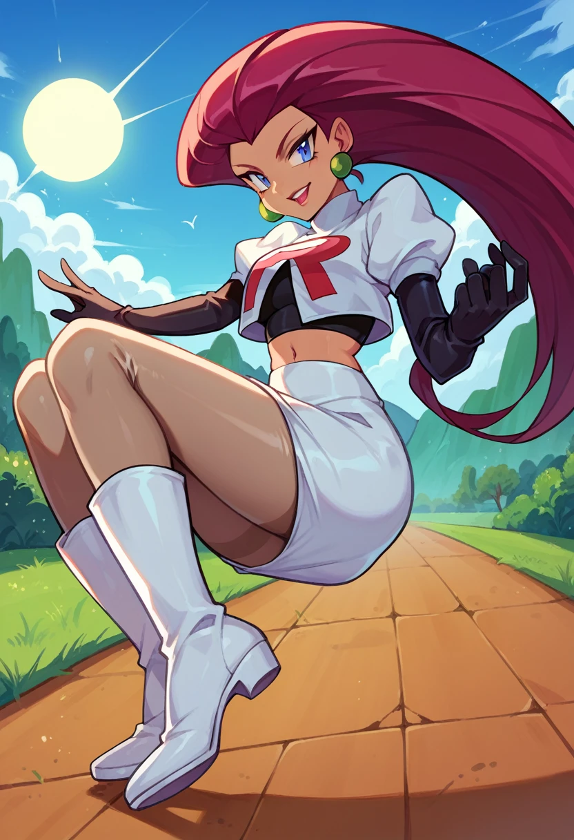 Jessie,  team rocket,  tan Pantyhose,  high boots,  gloves,  sun shiny day 