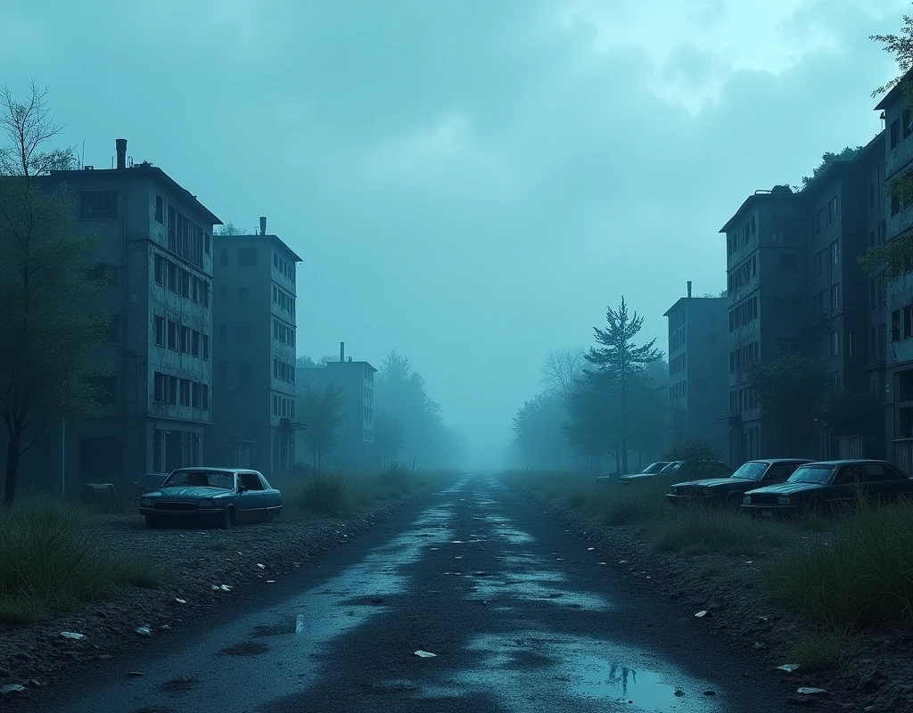 A wide, blue-tinted post-apocalyptic landscape with ruined buildings, abandoned cars, and overgrown vegetation.The sky is overcast with a bluish hue, casting a somber, gloomy atmosphere.Ash and debris litter the ground, creating a haunting. silent scene.