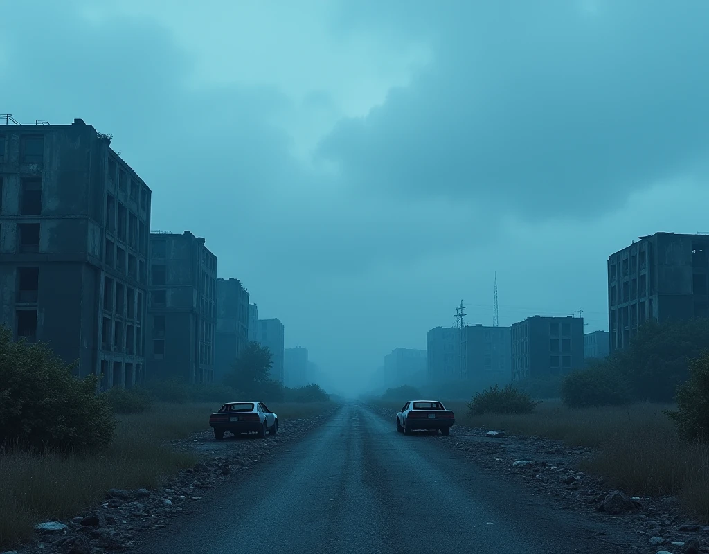 A wide, blue-tinted post-apocalyptic landscape with ruined buildings, abandoned cars, and overgrown vegetation.The sky is overcast with a bluish hue, casting a somber, gloomy atmosphere.Ash and debris litter the ground, creating a haunting. silent scene.