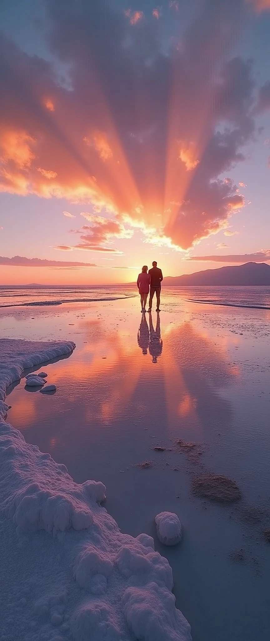 (masterpiece:1.2,Highest quality,Ultra-high resolution,Very detailed,Realistic,RAW Photos:1.2,Elaborate photos),8k,wallpaper,(Ray Tracing),Bolivia,Uyuni salt lake,Family standing,The flattest place in the world,(A majestic salt lake,Drawing a beautiful and endless water surface,Diffuse reflection of light),(A photograph capturing the magnificent scenery reflected on the water's surface:2.0),Sunset