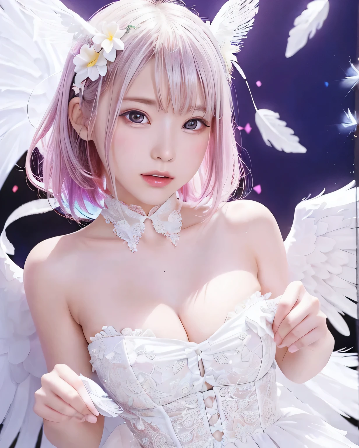 (Close-up), Portrait, Portrait, (solo), masterpiece, Highest quality, High contrast in clothing, psychedelic, [[[lsd]]], particle, Bloom, Neon lighting, (Glow), Flat Color, Color Splash、Color mashing、()、(Angel white wings、A background of white feathers flying and dancing:1.25)