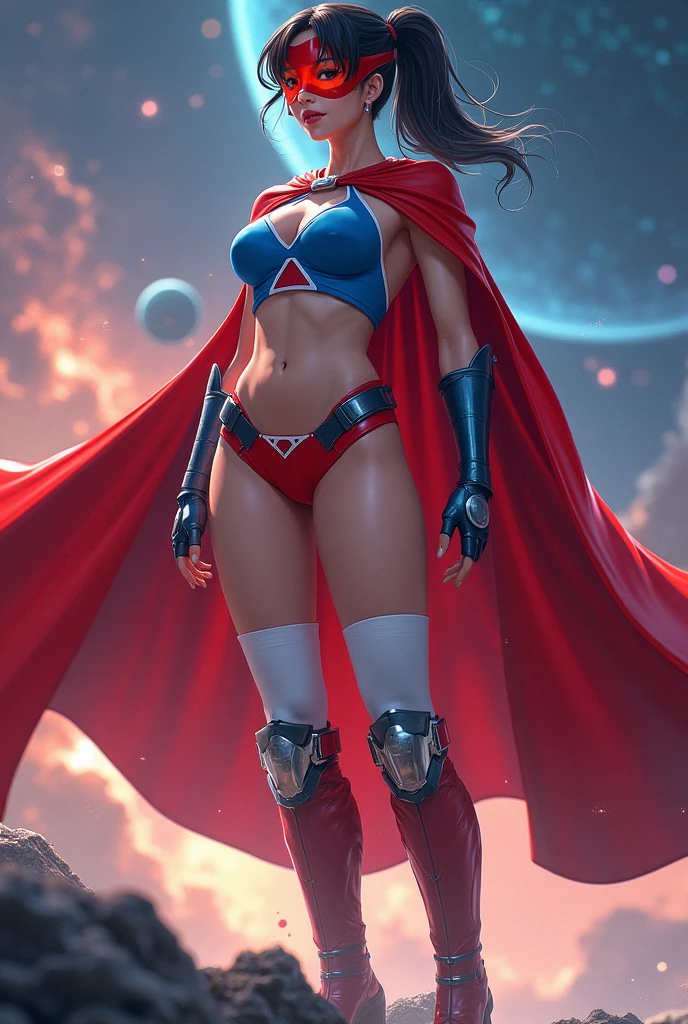 Female, age 25-30, japanese, dark hair, ponytail, fair skin, athletic build, full body, busty, costume: red domino mask, red choker, red cape, sleeveless blue top with white sides, up side down white triangle symbol, O-shape belly cutout, red undies, thighs out, white thigh-high socks, red boots, short blue fingerless gloves, white shooter sleeves, metallic bands on arms and boots, space background