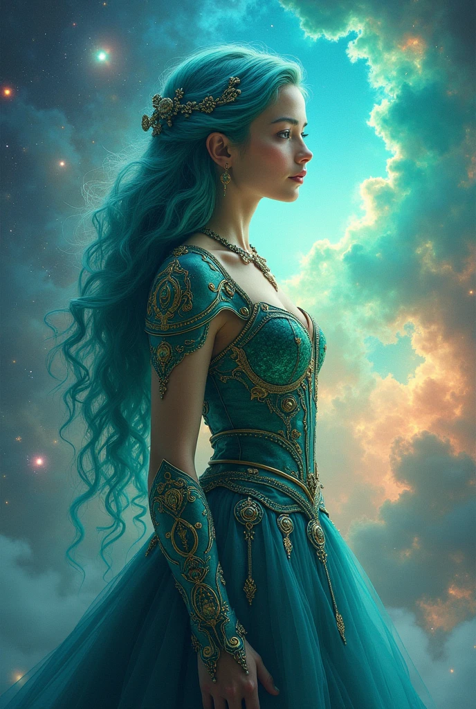A girl with hair colored in shades of blue and green and a detailed blue-green dress armor, Standing, A colorful rainbow cosmic nebula background, stars, Galaxies, Complex details, Perfect face