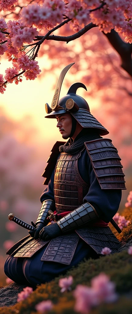 An ultra-realistic, highly detailed image of a Japanese samurai from the Edo period, fully dressed in traditional battle armor including a helmet. He is seated beneath a beautifully blooming cherry blossom tree, with his sword resting on his legs. The scene is set during sunset, with warm, golden light reflecting from the side, illuminating the intricate details of his armor and the vibrant blossoms. The image is captured with a Sony A7R IV camera paired with a 135mm f/1.8 GM lens, ensuring stunning clarity and rich colors. The aspect ratio is 9:21, emphasizing the vertical composition 
