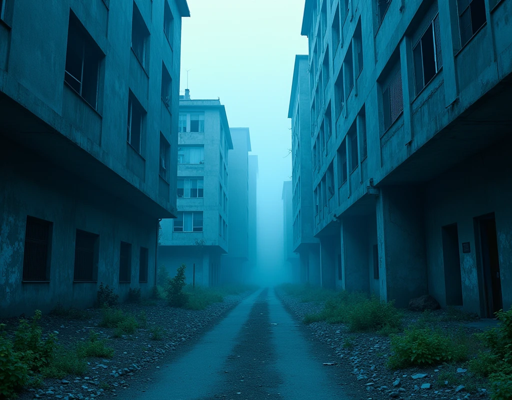 An abandoned city street bathed in a blue-toned light.Tall, crumbling buildings line the street withbroken windows and vegetation reclaiming the concrete. The air is filled with a faint blue mist.
adding to the desolate and eerie atmosphere.