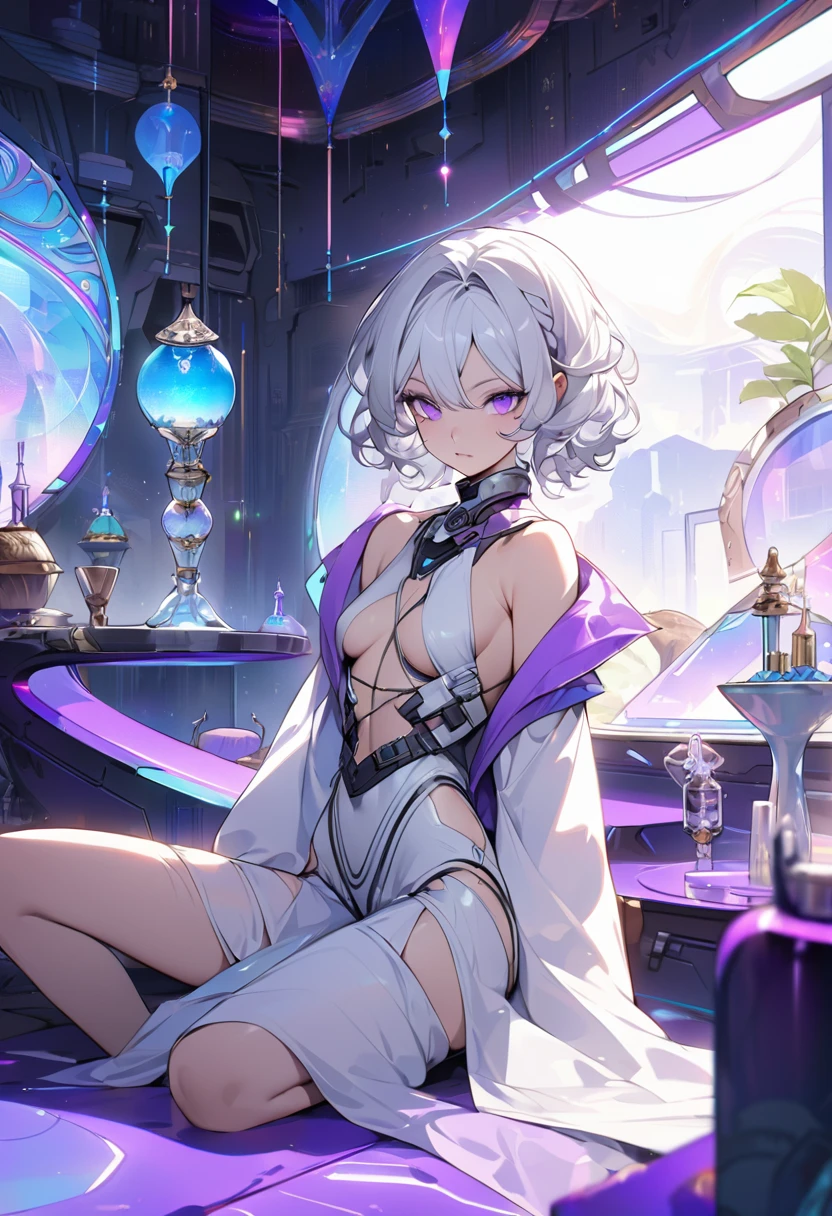 8k, masterpiece, Character design of Lena Carmina, a 23-year-old woman in a post-apocalyptic near-future world. She has a short bob hairstyle, silver-white hair, and deep purple eyes(high resolution). Her skin is sun-kissed, reflecting a desert environment. She wears a futuristic, sexy yet functional armor or a draped dress with transparent elements. The outfit features accessories inspired by the aesthetics of hookah smoke. Lena is a mysterious and charming figure, with a calm and witty demeanor. The background features a futuristic, neon-lit interior with elements of ancient decor, reminiscent of a shisha bar called 'Nebula Oasis.' The atmosphere is a mix of modern and ancient styles, creating a relaxing yet intriguing environment.