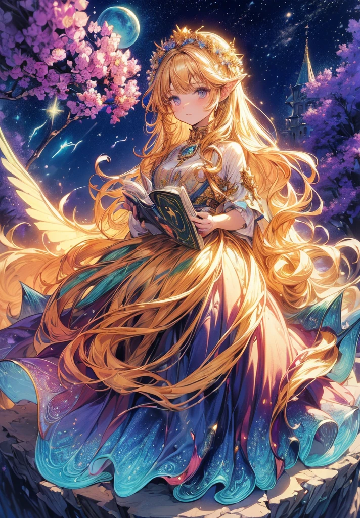 (high quality:1.4), (best quality:1.4), (masterpiece:1.4), official art, official wallpaper, surreal, beautifulgoddess, (1woman:1.1), (long wavy hair:1.1), (flower crown:1.1), (mystical creatures:1.1), (floating islands:1.1), (detailed landscape:1.1), (magic in the air:1.1), (stardust:1.1), night sky, (whimsical atmosphere:1.1), (dreamlike world:1.1), (bubbles:1.1), flying books, (luna moths:1.1), (moonlight:1.1), enchanted forest, (wisdom:1.1), (powerful energy:1.1), (guardian angels:1.1), (peaceful:1.1), vibrant colors, (detailed:1.05), (extremely detailed:1.06), sharp focus, (intricate:1.03), cinematic lighting, (extremely intricate:1.04), (epic scenery:1.09), vibrant colors, (beautiful scenery:1.08), (detailed scenery:1.08), (intricate scenery:1.07), (wonderful scenery:1.05),, (sharp focus,absurdres,high quality,masterpiece,highres,best quality:1.5)