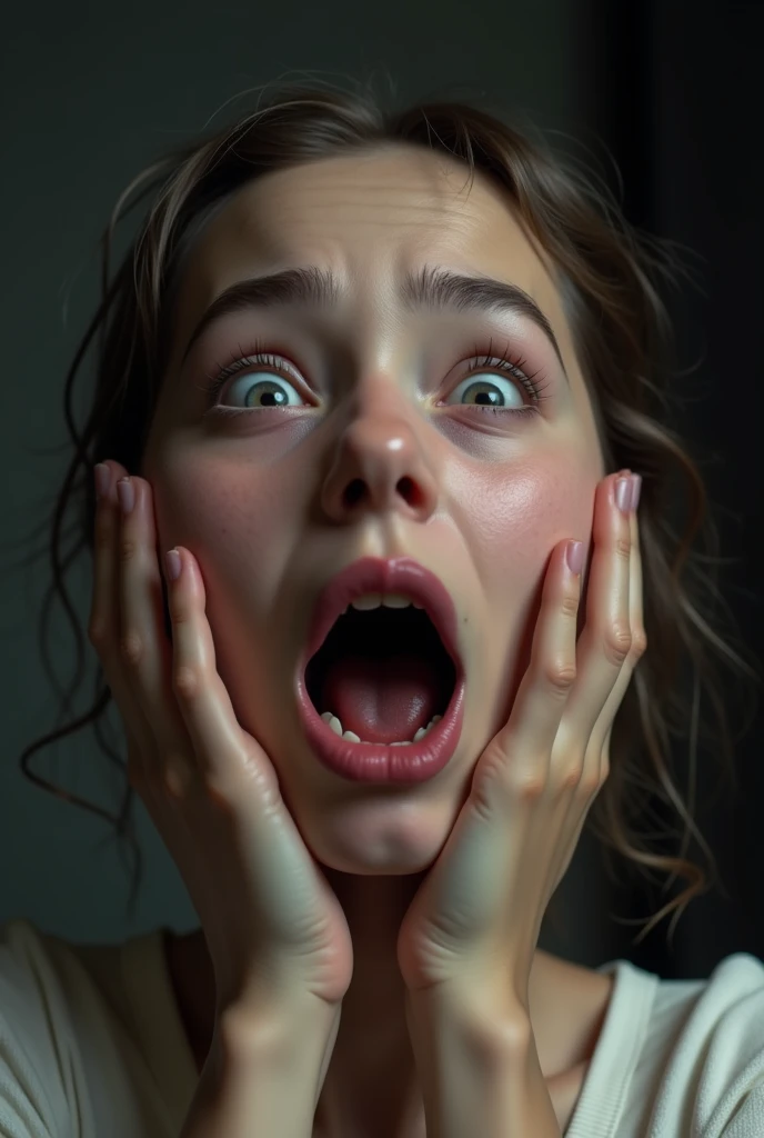 Create a shocking face expression of a girl placing her hands on her chin