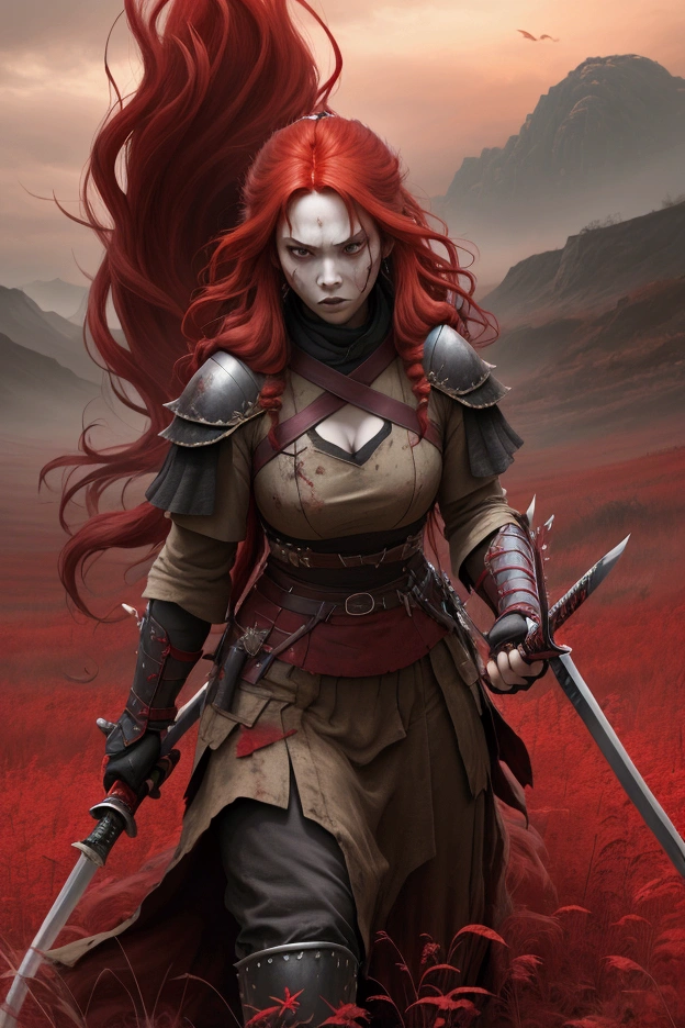 A fierce warrior woman with long flowing red hair, wielding a massive katana in a field of scarlet rot. The background shows a dark, ominous landscape filled with decaying flora."