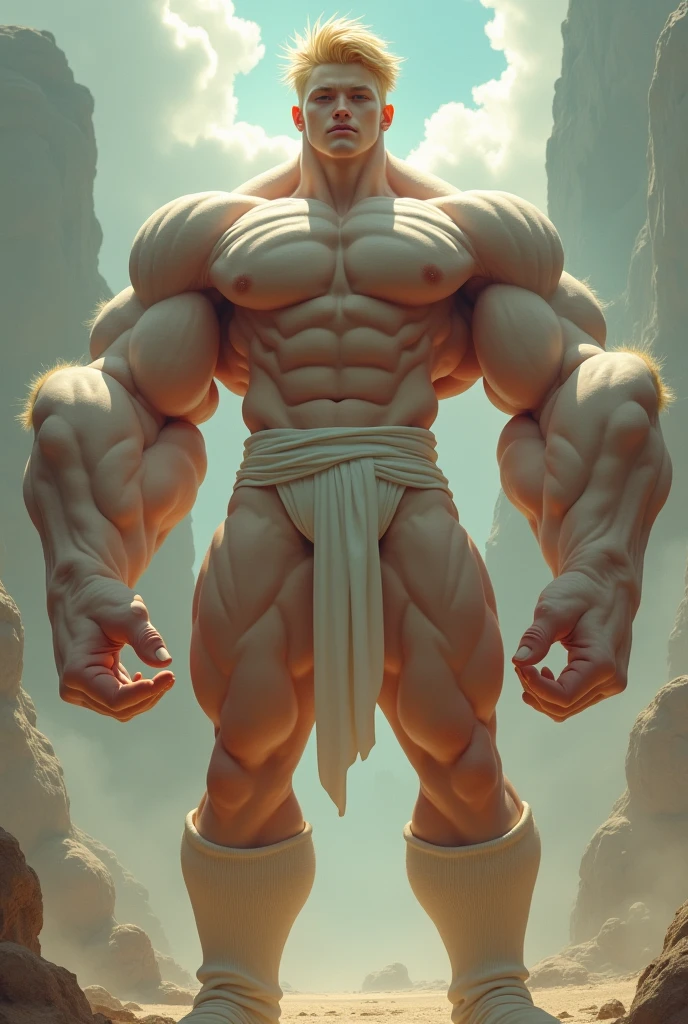 A age god with blond hair and white skin, This god has enormous muscles, muscles so big that they make his head look small compared to his body.
Her shoulder muscles are so big and inflated that they seem to surround her head and make her look small.
She is wearing a pair of white football socks on her legs., These socks are extra long and she wears them pulled up high, So high they reach above her knees.