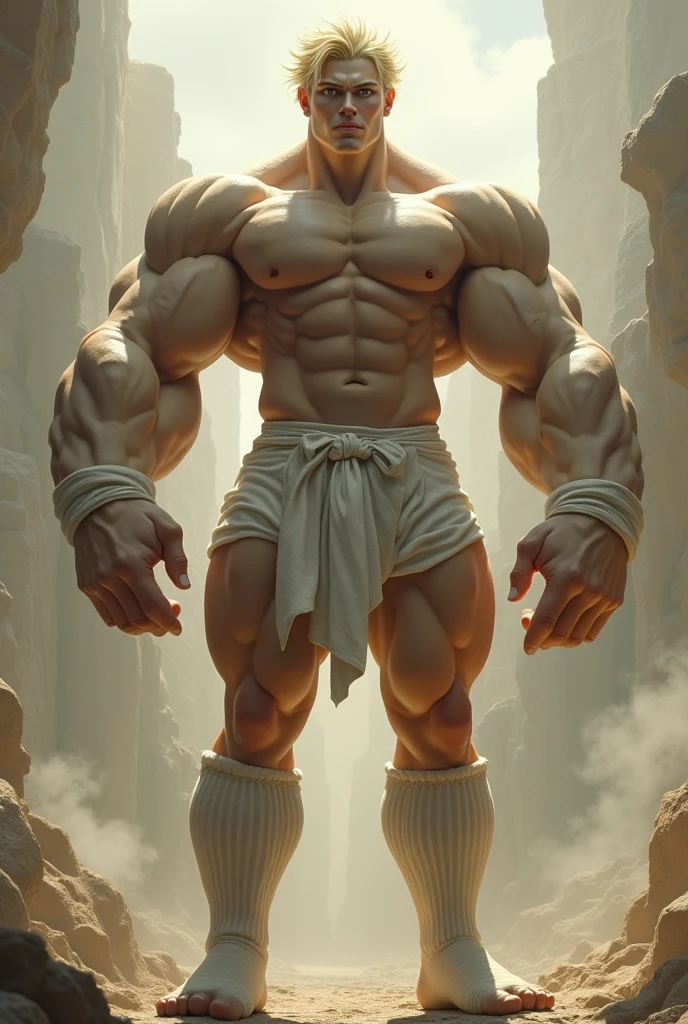 A age god with blond hair and white skin, This god has enormous muscles, muscles so big that they make his head look small compared to his body.
Her shoulder muscles are so big and inflated that they seem to surround her head and make her look small.
She is wearing a pair of white football socks on her legs., These socks are extra long and she wears them pulled up high, So high they reach above her knees.