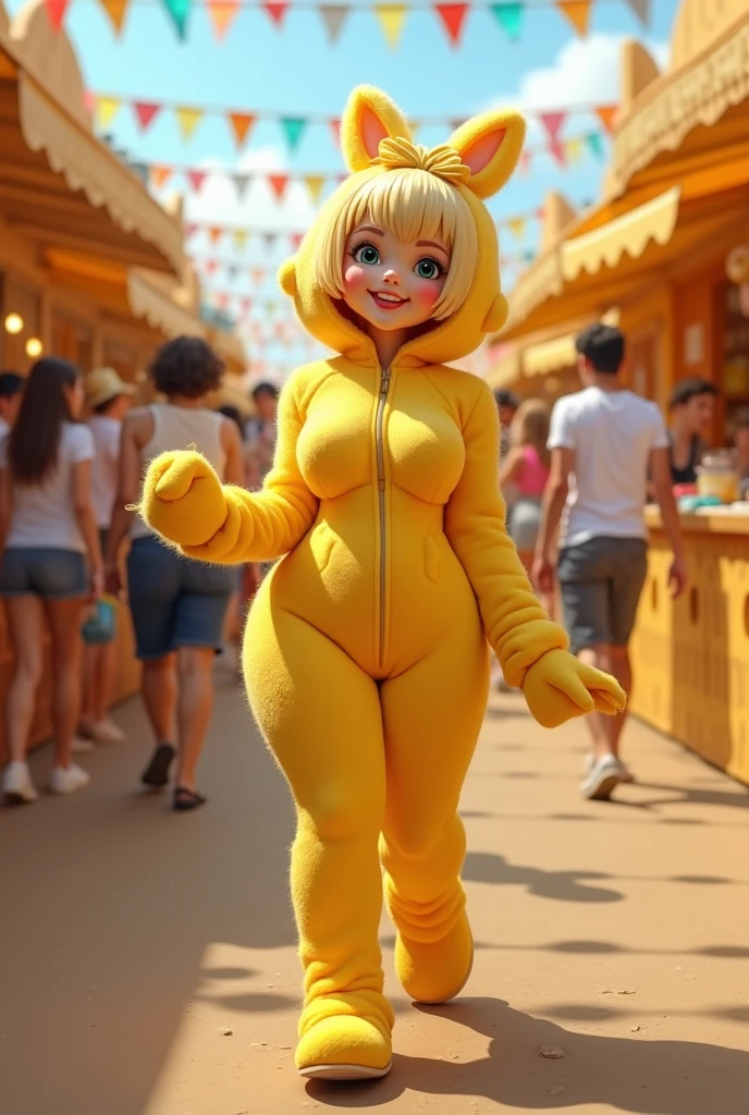 Realistic style and real women, she is Blonde with short hair, she has an hourglass figure, she has a surreal, hentai-like physique, with exaggerated curves that showcase large buttocks and voluminous breasts and she is very slim

photorealiste, 


Vibrant, lively cheese fair filled with colorful booths and curious visitors
Woman dressed as a cheese mascot, wearing a fun, fluffy cheese costume with holes and colorful details
Moves between stands, enthusiastically greeting visitors and handing out cheese samples
Smiling brightly, she attracts the attention of passers-by, who stop to take photos with her
A festive atmosphere, with upbeat music in the background, laughter and discussions about dairy products.
Playful demonstration: she uses amusing gestures to explain the different types of cheese, while holding a piece of cheese in one hand.
Warm interaction: she engages visitors in games and quizzes about cheese, creating a friendly atmosphere.
A celebration of cheese culture, she embodies joy and passion for cheese, making the event memorable for all.