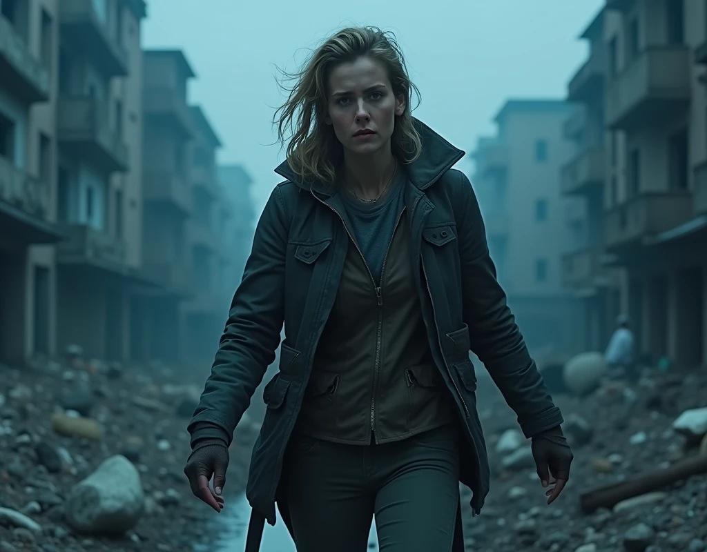 A lone woman, Sarah, in her late 20s, with disheveled hair and rugged clothing, cautiously
navigating through debris in a blue-tinted abandoned city. Her eyes are a mix of determination andsorrow as she scans her surroundings. The scene is silent and tense, with the remnants of the oldworld around her.