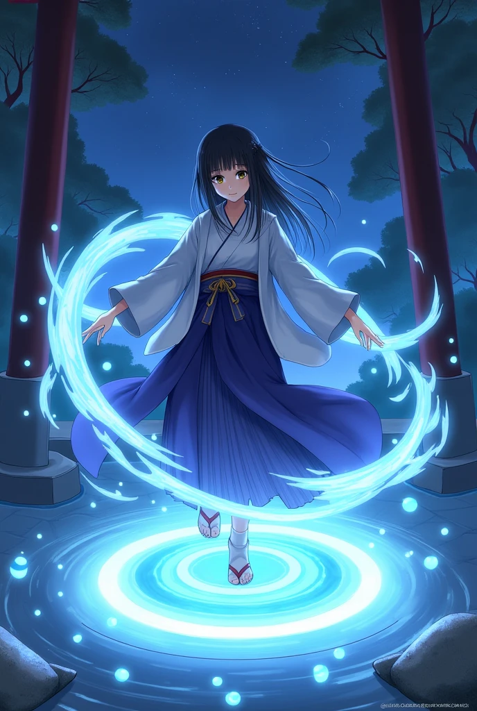 1girl, japanese clothes, straight black hair, chocolate brown eyes, magic circle, blue bubbles, blue water, wallpaper, shrine landscape, night, light particles, light rays, sidelighting, medium size, fate \(series\), genshin impact, ****, open jacket, long skirt, japanese sandal, short socks