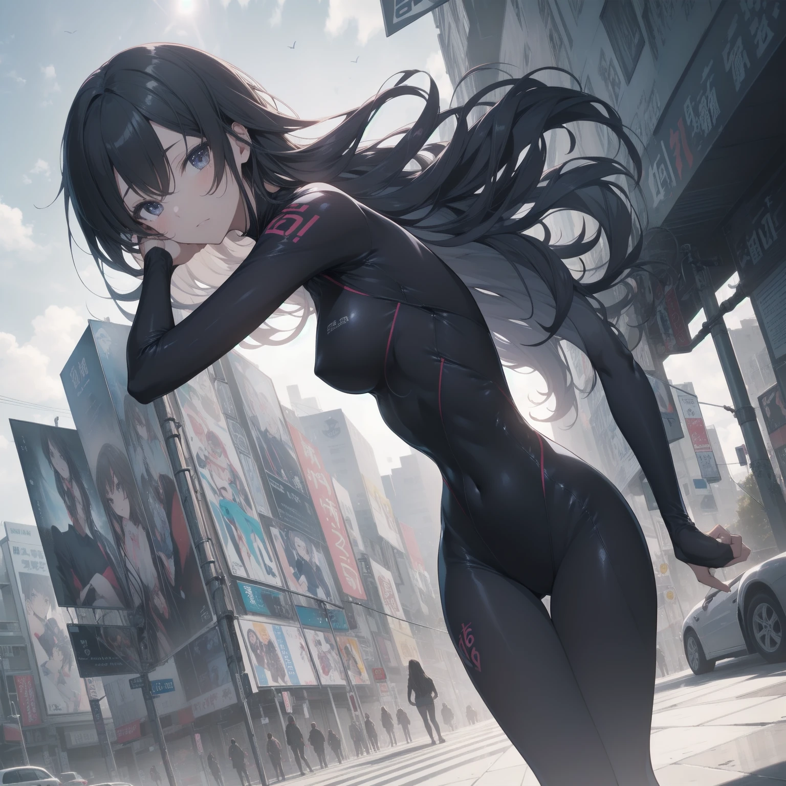 ultra-absurdres-Top quality by artist God, ultra-detailed, high resolution, anime moe artstyle, best anime 8k konachan wallpaper, pixiv contest winner, pool:2810, perfect anatomy,break, 1girl, (Please draw a girl dynamic action sleepily to skyscraper alone. )break,(Solo,little female, 16-year-old:1.3),Full limbs, complete fingers, cyberpunk, large breasts, groin, butt, small black eyes, beautiful detailed eyes, well-proportioned iris and pupils, expressive eyes, highres detailed hair, expressionless , bodysuit, plugsuit, (Detailed Lighting), (Detailed background), in the cityscape. break,super detailed skin, Best sexual lighting powered by famous artist, 8k,beauty illustration,photoshop_(medium),very aesthetic,break,((artist:izumi_tsubasu )), artist:clamp ,artist:carnelian ,artist:kantoku ,
