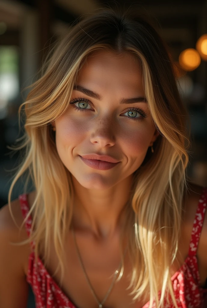 photo brute, une jeune fille de 22 ans, dans un restaurant entrain de manger, (Réaliste), (photo-Réaliste:1.5), rouge à lèvres,(photo brute, 8k euh, grain de film), eye-liner pointu, Fard à paupières blush avec cils épais, extrêmement délicat et beau, cheveux blond long et lisser,Prise de vue complète du corps:1.6, 8k, éclairage doux, Haute qualité, haute résolution, netteté, extrêmement détaillé, (soleil sur le visage), Beaux yeux détaillés, extrêmement détaillé eyes and face, chef-d'œuvre, Éclairage cinématographique, (Peau très détaillée:1.2), 8k euh, Reflex numérique, éclairage doux, Haute qualité, grain de film, Fujifilm XT3