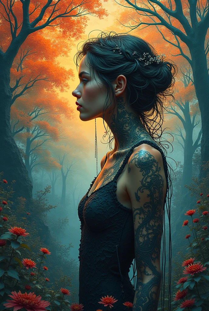 official art, unity 8k wallpaper, very detailed, beautiful and aesthetic, masterpiece, best quality, (zentangle, mandala, tangle, entangle), (fractal art:1.3) , 1 woman, Red flower, very detailed, dynamic angle, cowboy shot, The most beautiful form of chaos, elegant, brutal design, vivid colors, romanticism, james jean, Antono du Robbie, ros tran, Francis Bacon, It was really cold, Adrian Genius, Petra Courtwright, Gerhard Richter, takato yamamoto, ashley wood, atmosphere