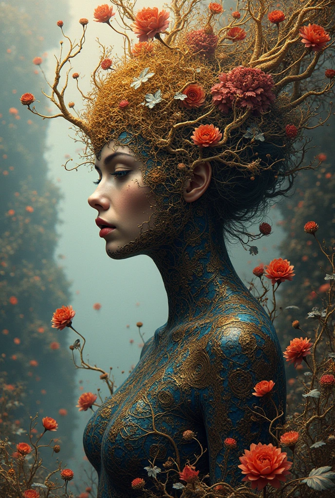 official art, unity 8k wallpaper, very detailed, beautiful and aesthetic, masterpiece, best quality, (zentangle, mandala, tangle, entangle), (fractal art:1.3) , 1 woman, Red flower, very detailed, dynamic angle, cowboy shot, The most beautiful form of chaos, elegant, brutal design, vivid colors, romanticism, james jean, Antono du Robbie, ros tran, Francis Bacon, It was really cold, Adrian Genius, Petra Courtwright, Gerhard Richter, takato yamamoto, ashley wood, atmosphere