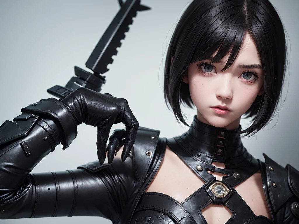 A girl with short bob, black hair, metal plates embedded under eyes, and mechanical forearms.
