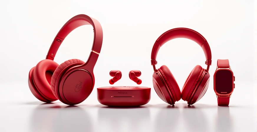 consist of headphone , earbuds and smart watches add a touch of red theme in it