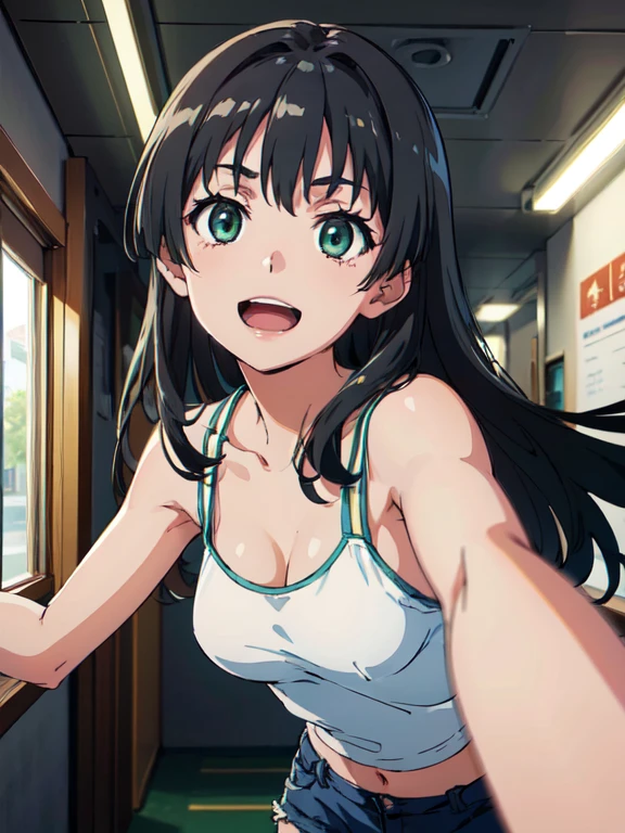 hug, (High resolution:1.4), (masutepiece:1.2), (High quality:1.3) 1girl, saten ruiko, green eyes, long hair, black hair, small breast, tank top, hot pants, cinematic lighting,  pov, dynamic angle, nsfw, open mouth, smile