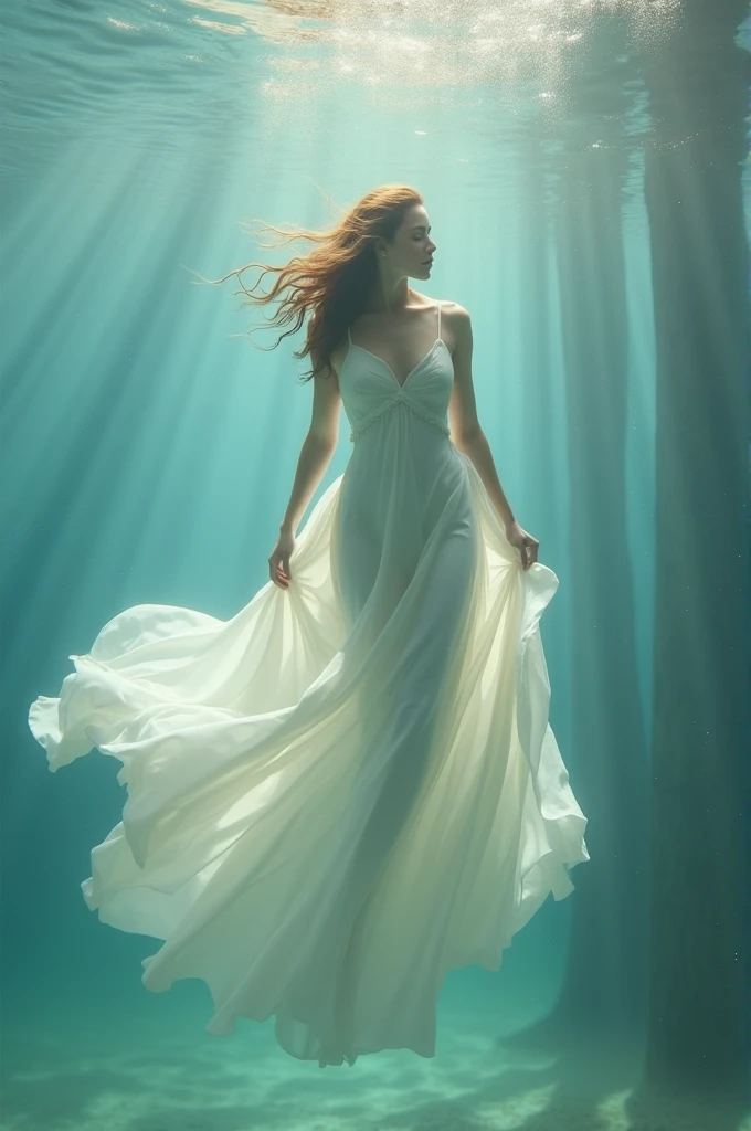Woman sleeping underwater using white dress, serene, calming