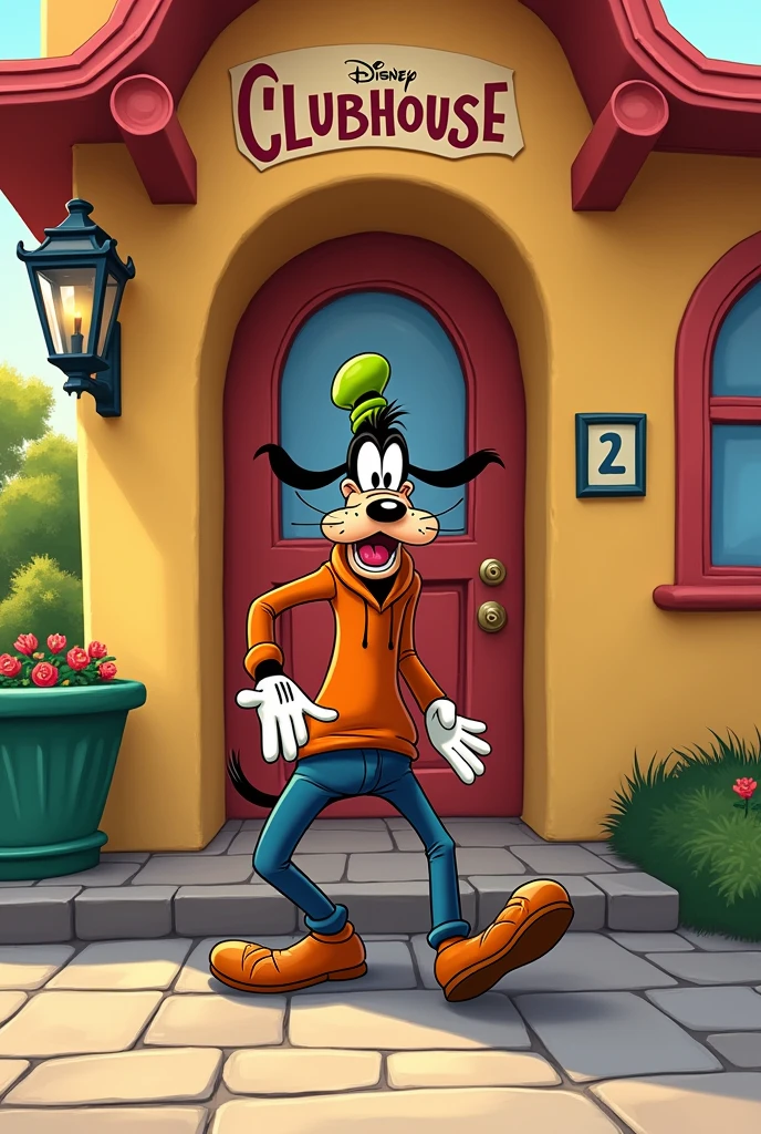Drunk Goofy in the door of the mickey mouse club house for logo