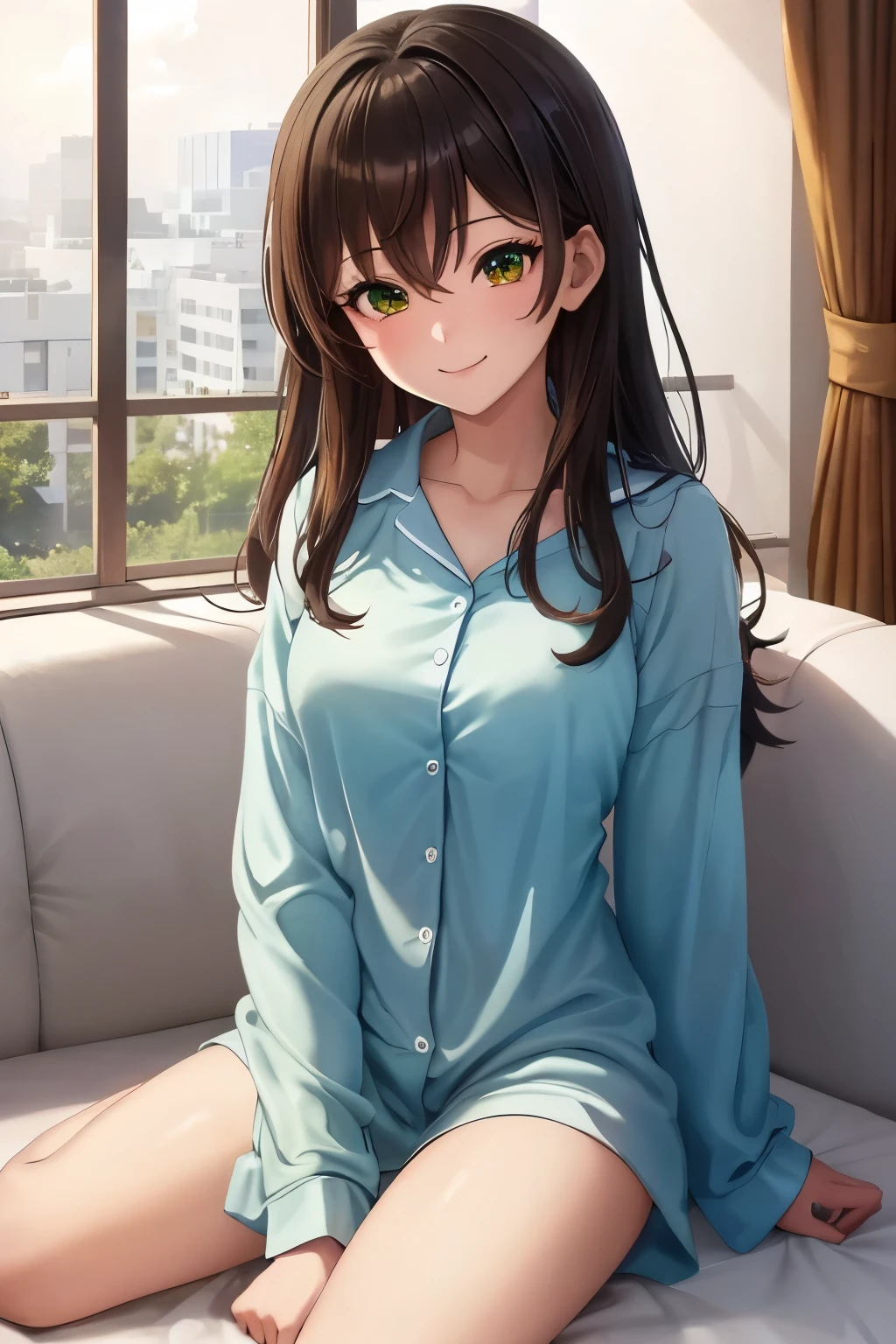 ((masterpiece, Highest quality, High resolution, 超High resolution, Pixel perfect, Written boundary depth, 4K, RTTX 10.0, High resolution))), 1 person, single, alone, Beautiful Anime, Beautiful art style, Anime characters, ((Shortcuts, bangs, Dark brown hair)), ((Green Eyes:1.4, Round eyes, Beautiful eyelashes, current eyes)), ((Smooth texture:0.75, Anime CG style)), ((Dynamic Angle, close)), Perfect body, (cute), Normal chest, whole body, ((4K, 8k, Highest quality, Perfect Fingers: 1.3, Perfect Anatomy: 1.3, Background Blur)), whole bodyアングル, An illustration of a girl staying up late at home on a summer night, The character is wearing light pajamas., sitting on a sofa in a relaxed position, His favorite manga and smartphone are scattered around him., She is smiling while concentrating on the screen., In the background, Outside the window, the starry summer night sky spreads out, The room is bathed in soft lighting.,