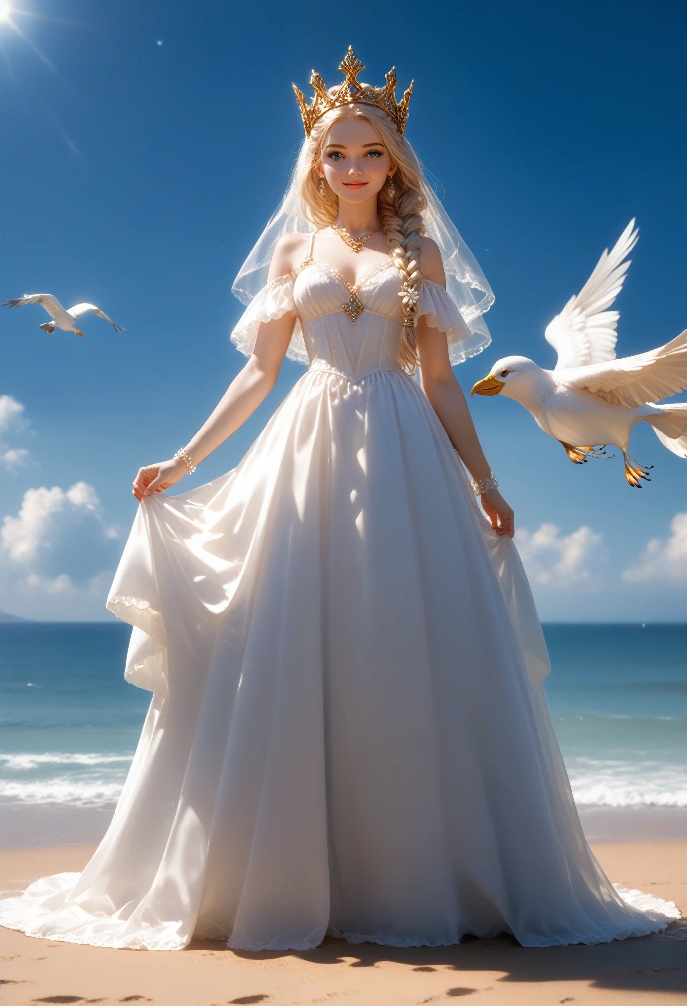 full height, The entire image is whole, One girl comes out of the sea, The Swan Princess from Russian mythology, beautiful calm face, Blue eyes, long blond hair braided in one braid, the moon the moon is woven into the hair at the back of the head, white vintage russian shiny clothes, on the head there is a crown of kokoshnik, Affectionate look, half smile, tender expression on his face, background seascape and sunlight, Seagulls in the sky, full length, cinematic film still,score_9,score_8_up,score_7_up,dramatic lighting,highly detailed,high budget,bokeh,cinemascope,moody,epic,gorgeous,film grain,grainy,masterpiece,best quality,perfect anatomy,very aesthetic,official art,8k, bright colors, A clear picture, The entire image is whole, All according to the Author, masterpiece, Accurate result completed, Highest quality processing,

