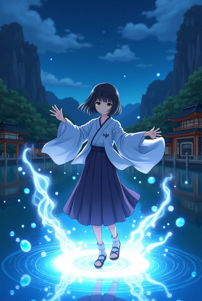 1girl, japanese clothes, straight black hair, no bangs, chocolate brown eyes, magic circle, blue bubbles, blue water, wallpaper, shrine landscape, night, light particles, light rays, sidelighting, medium size, fate \(series\), genshin impact, ****, open jacket, long skirt, japanese sandal, short socks