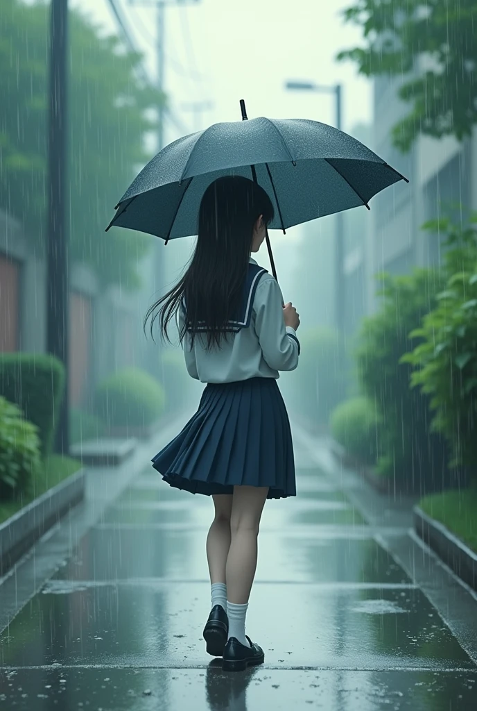 A school girl walking through rain holding umbrella , beautiful , aesthetic , rainy background