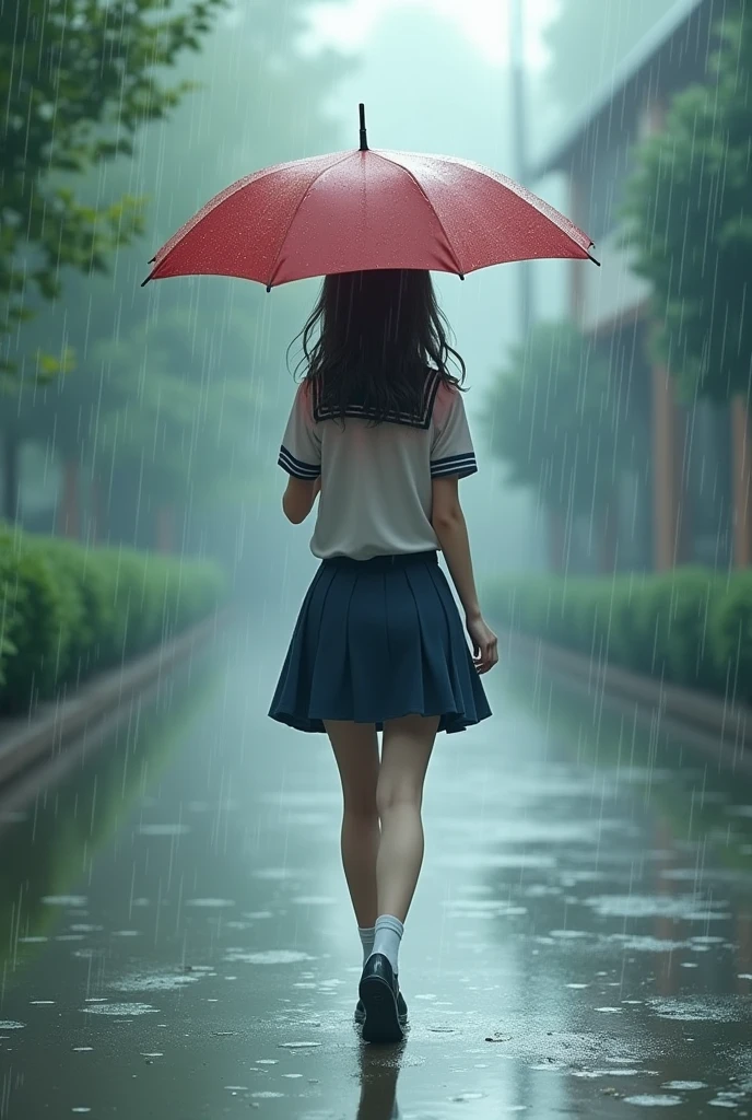 A school girl walking through rain holding umbrella , beautiful , aesthetic , rainy background 
