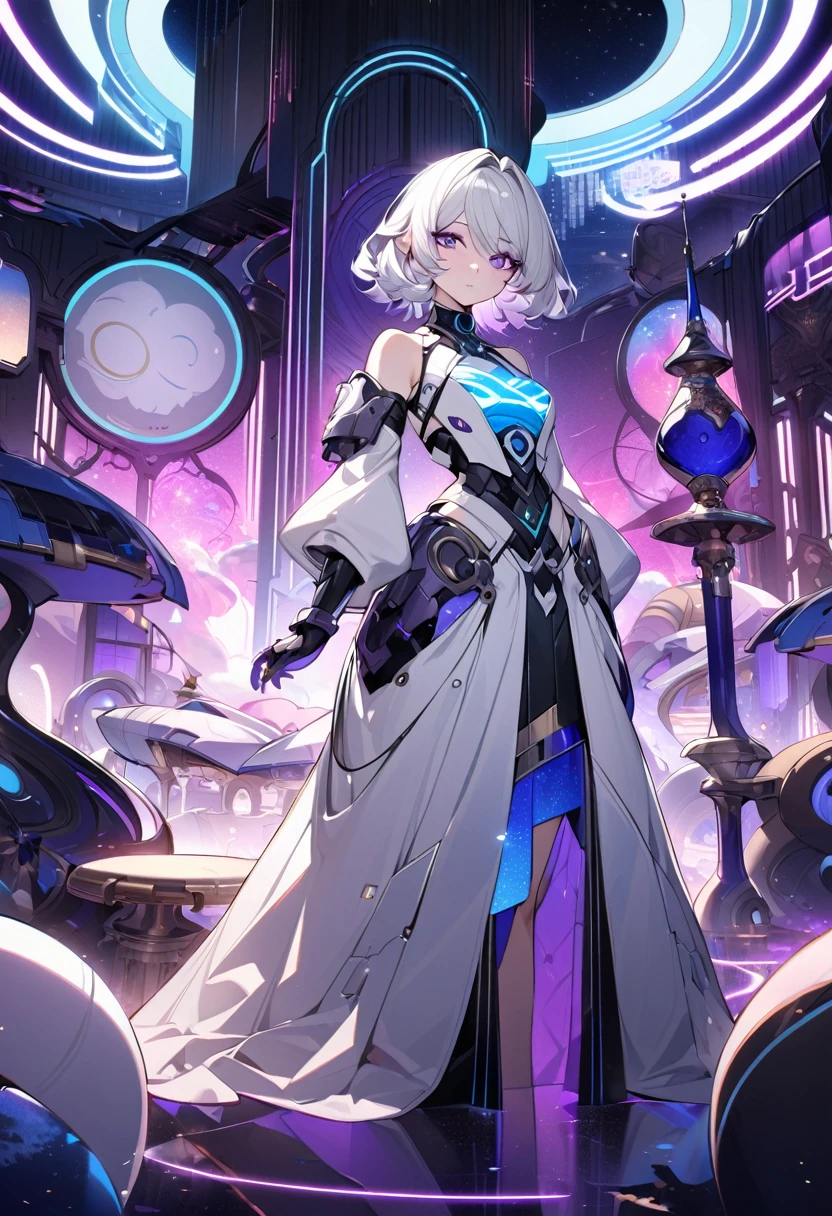 8k, masterpiece, Character design of Lena Carmina, a 23-year-old woman in a post-apocalyptic near-future world. She has a short bob hairstyle, silver-white hair, and deep purple eyes(high resolution). Her skin is sun-kissed, reflecting a desert environment. She wears a futuristic, sexy yet functional armor or a draped dress with transparent elements. The outfit features accessories inspired by the aesthetics of hookah smoke. Lena is a mysterious and charming figure, with a calm and witty demeanor. The background features a futuristic, neon-lit interior with elements of ancient decor, reminiscent of a shisha bar called 'Nebula Oasis.' The atmosphere is a mix of modern and ancient styles, creating a relaxing yet intriguing environment.