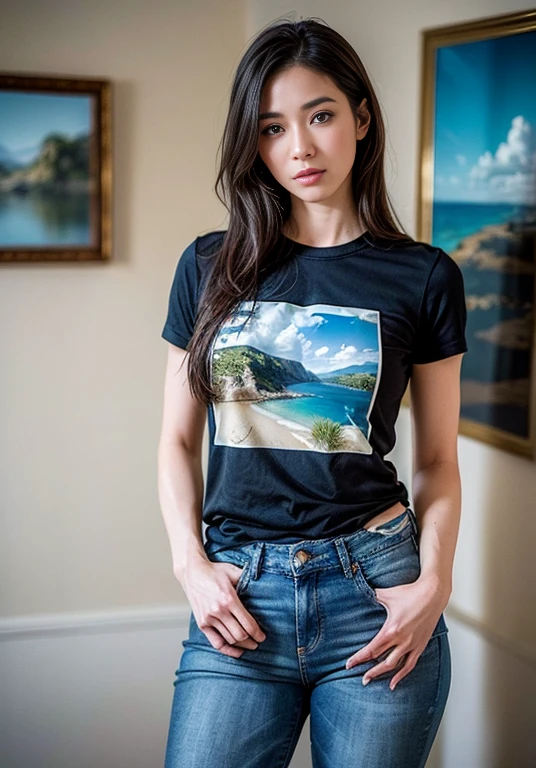 A boldly composed photograph of a Japanese woman that looks like it was taken by a famous artistic photographer, (((Blockbuster art photography)), (8k, Highest quality). A stunning composition using a model with excellent proportions. Perfect beauty model with a confident and balanced appearance, ((Highest quality質)), ((masterpiece)), (Familiar:1.4), ((Highest quality質のリアルな写真)), ((Shot with Hasselblad)), ((Best photo quality)), Beautiful womanの画像,Super Resolution,Slim and perfectly proportioned, Beautiful woman, ((Highest quality質, 8k, masterpiece: 1.3)), Beautiful woman, 1 female, Slim figure: 1.1, Perfect beauty, 20-year-old, (Realistic: 1.4), Ahegao, Shining Sweat, thin, Art photo composition with space around the woman, See through, Beautiful Aegean Sea in the background, Classic film-like writing, Anatomically correct hand, Anatomically correct legs, anatomically correct whole body, Marble room, T-shirt and jeans