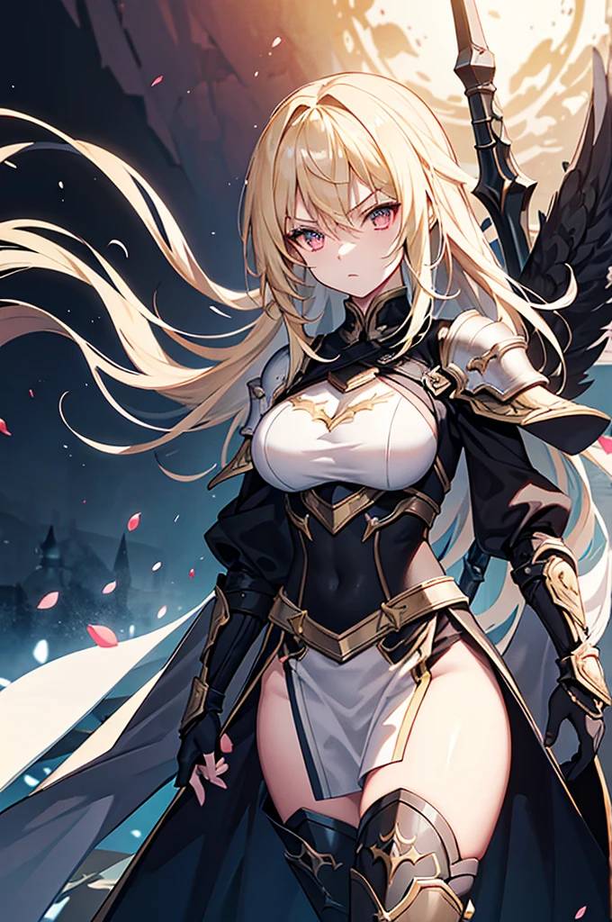 The character you provided appears to be a fantasy warrior with a dark and mysterious aura. She has short, slightly tousled blonde hair and striking golden eyes that immediately draw attention. Her expression is serious and focused, adding to her powerful and determined presence.

She wears a combat outfit that is primarily black, accented with red and pink details, blending elegance with functionality. The dress is fitted at the waist, highlighting her figure, and ends with asymmetrical frills that give her both a warrior-like and regal appearance. Her arms are partially covered by sleeves that extend into gloves, and her legs are protected by high boots reinforced with angular patterns, emphasizing her role as a fighter.

She holds a slender, sharp sword with an intricate design near the hilt. The sword seems to serve not only as a weapon of war but also as a symbol of her power. A light cape attached to her shoulders adds an extra touch of dynamism to her appearance, giving her a heroic aspect.

The floral elements in her hair and the detailed patterns on her outfit suggest that she might belong to a noble lineage or a magical faction, adding yet another layer of mystery and depth to her character.