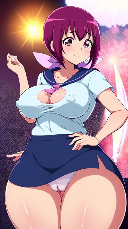 (8k,Ultra high resolution,Highest quality,Ultra high resolution,Official Art:1.5,Official Art),(Watching the audience), alone, smile, ((Pink Knee Socks)),(Browsing Caution), (Beautiful big boobs: 1.2 (Pussy), (((Very thick thighs))),Wide Hips, Beautiful thick thighs, Beautiful huge natural breasts,(standing in honor),(Take off:1.5),Beautiful Hair, Beautiful Face, Beautiful and beautiful eyes, Beautiful clavicle, Beautiful body, Beautiful legs, Beautiful fingers, (Beautiful views),smile),((front view:1.5)), (((No pants, Genitals are visible))),Bangs straight,blue sky,(Cute T-shirts,Cute mini skirt:1.5),UnOfficial Hoshizora Ikuyo (Starry Sky Nurture) - Smile Pretty Cure! (Smile PreCure!),(Pussy in full view/sailor),(((She is showing you her pussy))),1woman,difficult,