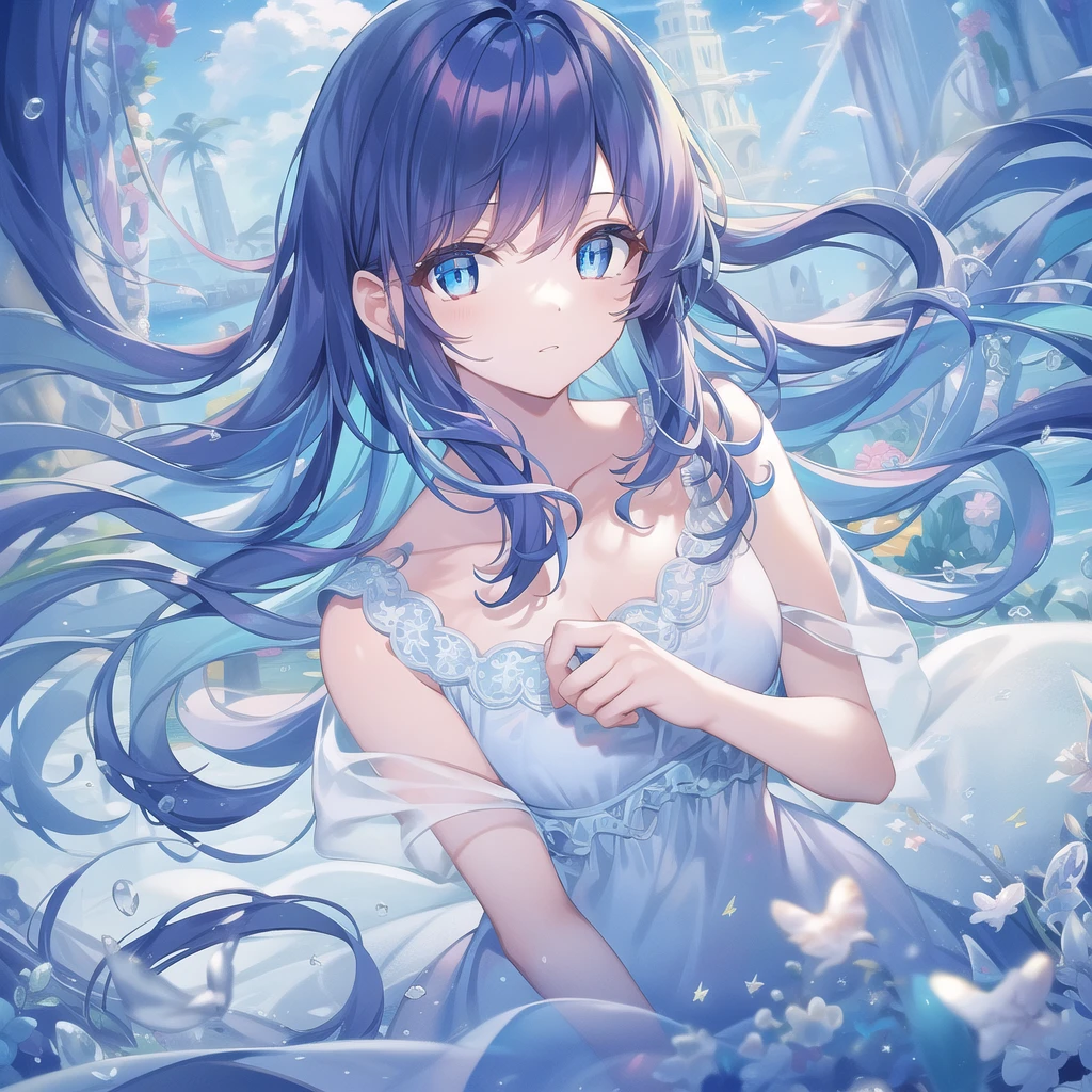 ((masterpiece, best quality))++, Detailed lighting+,  Detailed hair+, Detail hand+ ,1 girl, Miss, Long hair,   Crimson eyes,  beautiful eyes, Young blue-haired,,(beautiful blue hair:1.5),(Beautiful and delicate eyes),  high resolution+,glass tint, Reflective eyes,   {{angle}} , Very detailed wallpaper, The original, Air bangs，Extremely beautiful CG，Firefly，Nature，ocean