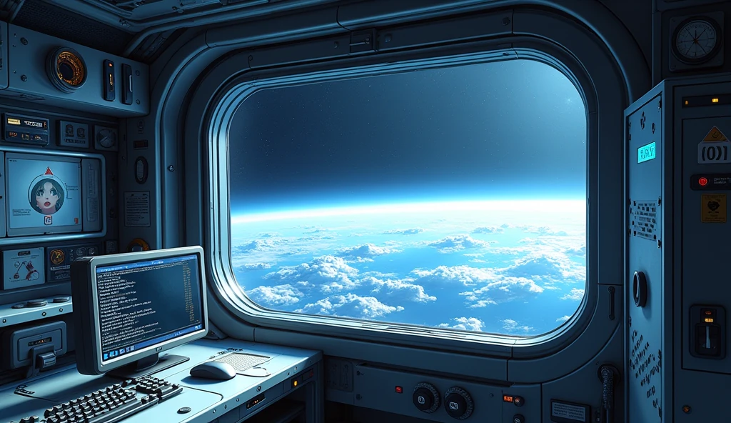 create an inner of a spaceship; there are some controls, and a computer screen that it runs a Linux terminal; there is a large window that you can see the deep-space outside; there is a locker that has a label saying "Mii", anime art